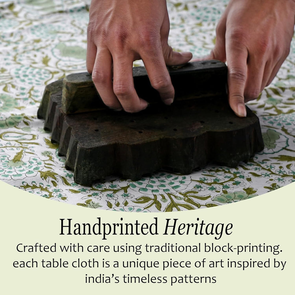 Block Print Tablecloth Agate Green 90"x60" Rectangular 100% Cotton Reusable Table Cover, Everyda