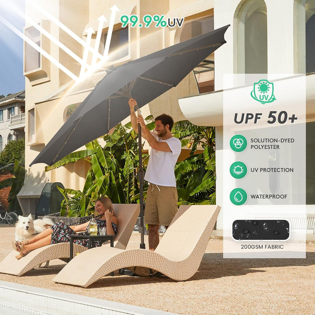 9FT Outdoor Patio Umbrella with Solar Lights, LED Lighted Pool Umbrella with Tilt and Crank - Jet Black