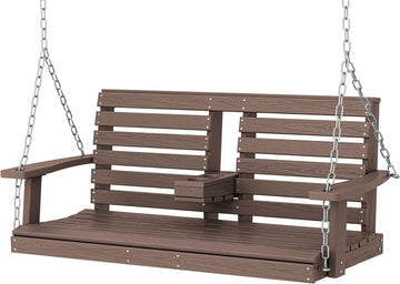 Outdoor Hanging Porch Swing, Waterproof Swing with Cup Holders for Courtyard & Garden, 660LBS Weight Capacity, White
