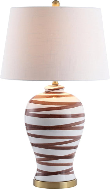 29" Brown/White Ceramic Table Lamp Bedroom Office, Modern Coastal Bedside Lamp with White Linen Shade