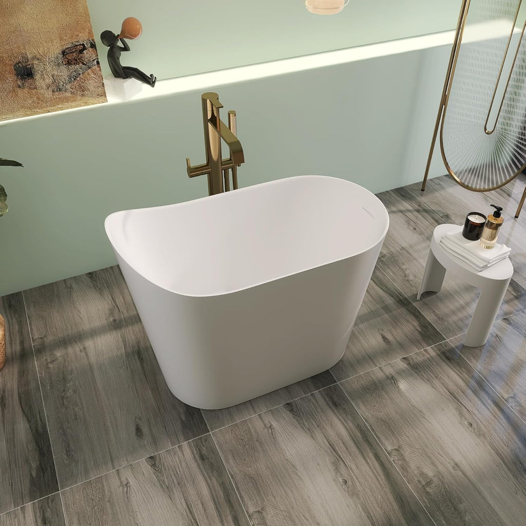 43" Premium Japanese Solid Surface Free Standing Bathtubs, Unique Small Matte White Stone Resin Soaking Tub with