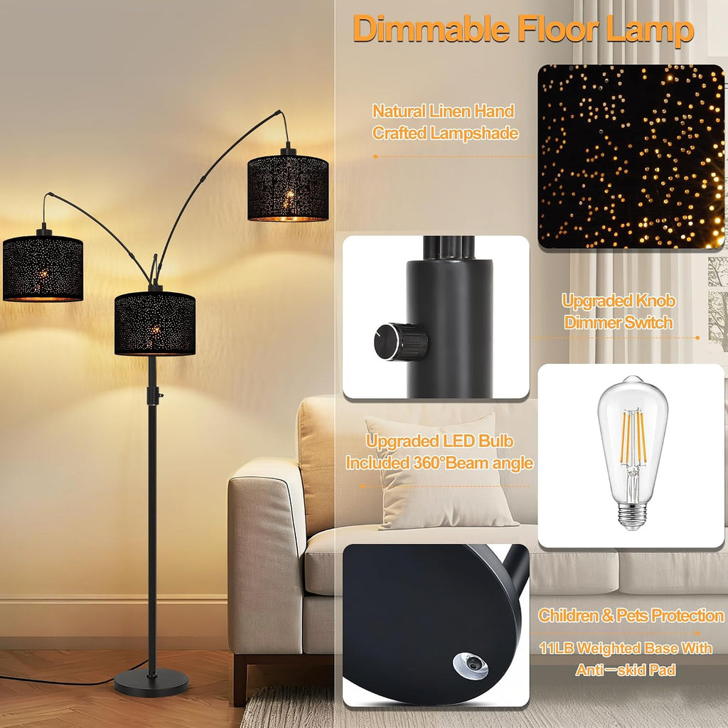 Dimmable Floor Lamp-3 Lights Arc Floor Lamps,Modern Tall Standing Lamp With Black Drum Hollow-carved Linen Shades