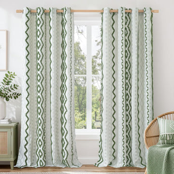 Green Boho Curtains with Tufted Pom Stripe Geometric, Linen Jacquard Pattern Drapes with Grommet for Living Room