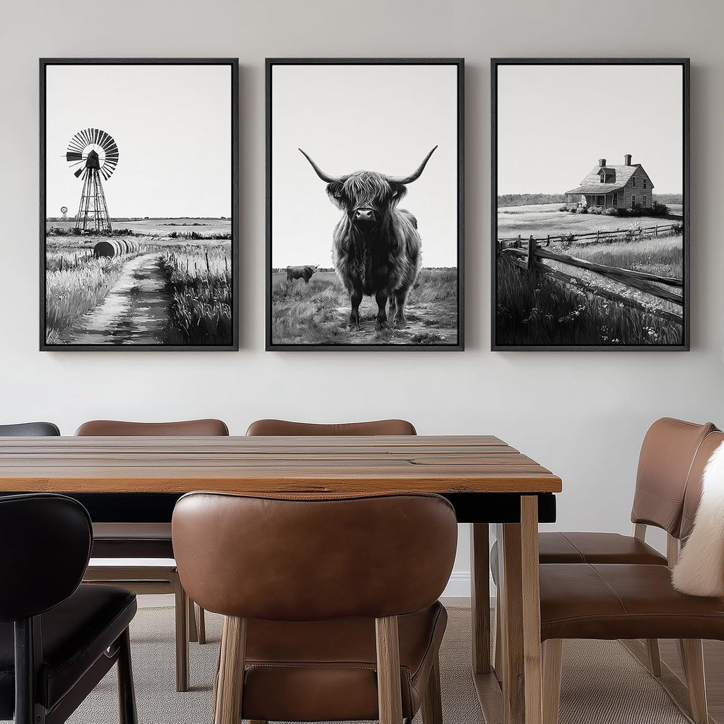 Large Framed Black and White Wall Art , Modern Highland Cow Canvas Prints Paintings Set of 3 Pieces, Contemporary