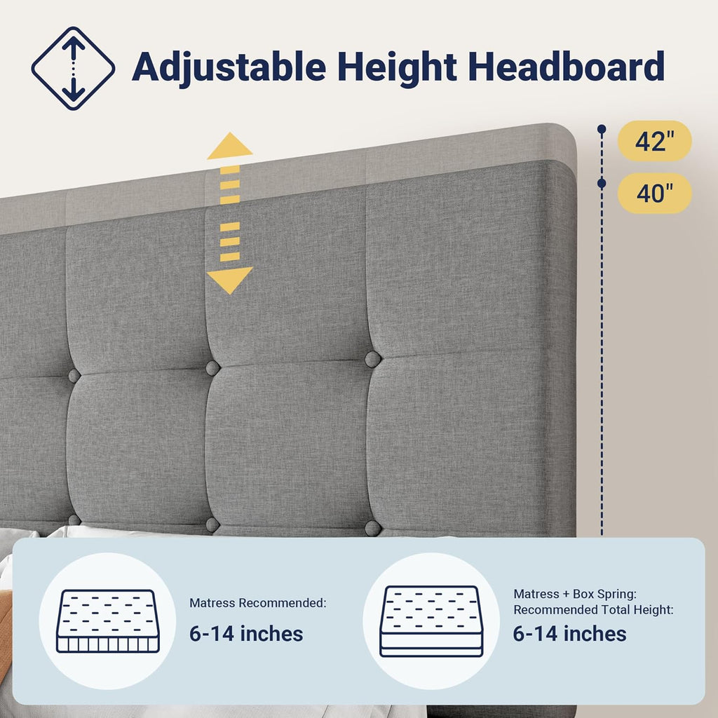 Upholstered Queen Platform Bed Frame with 4 Storage Drawers and Headboard, Square Stitched Button Tufted