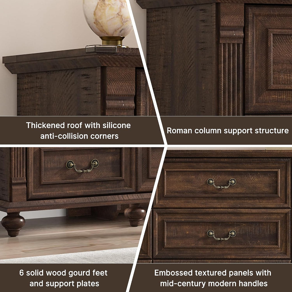 63" Farmhouse 9 Drawer Dresser with 6 Gourd Feet and Roman Column Decor, Wide Wood Country Rustic Chest of Drawers