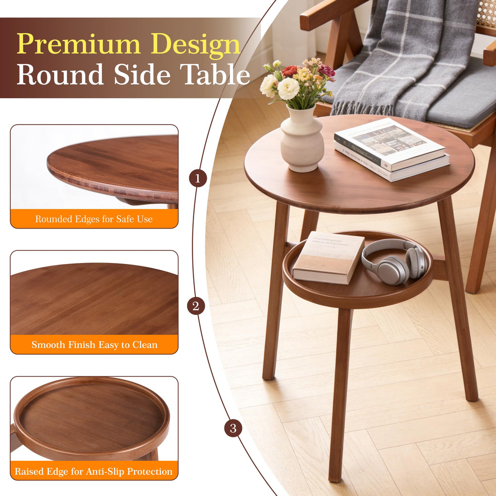 2-Tier Round Bamboo Side Table, Mid Century Modern