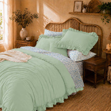 Comforter Set 7 Pieces Mint Green Ruffle Bedding Set