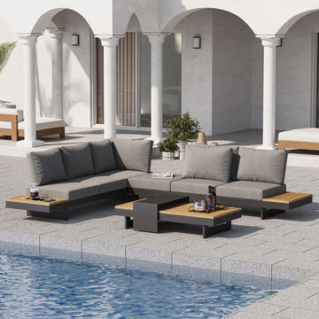 4 Piece Outdoor Conversation Sets, Teak & Aluminum Modular Sofa | Patio Sectional Sofa with Adjustable Backrests