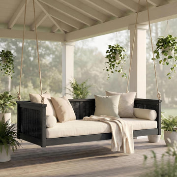 Twin Size Outdoor Porch Swing Bed, Solid Wood Rattan Swing Daybed Frame with Long Ropes , Poolside, Backyard, Black