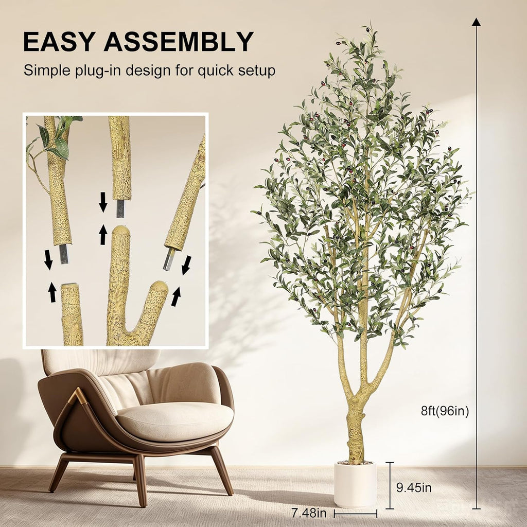8FT Artificial Olive Tree with Faux Fruits, Thick Trunk & Lifelike Leaves