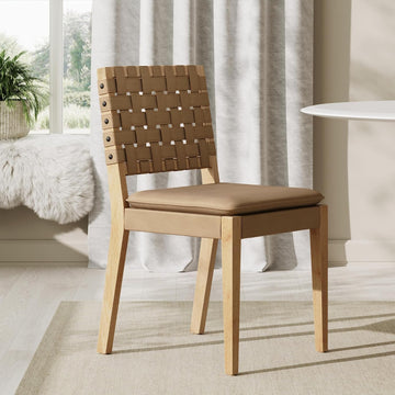 Wood Dining Chair, Mid-Century Modern Upholstered Side Chair with Hand Woven Faux Leather Backrest, 20"D x 18"W