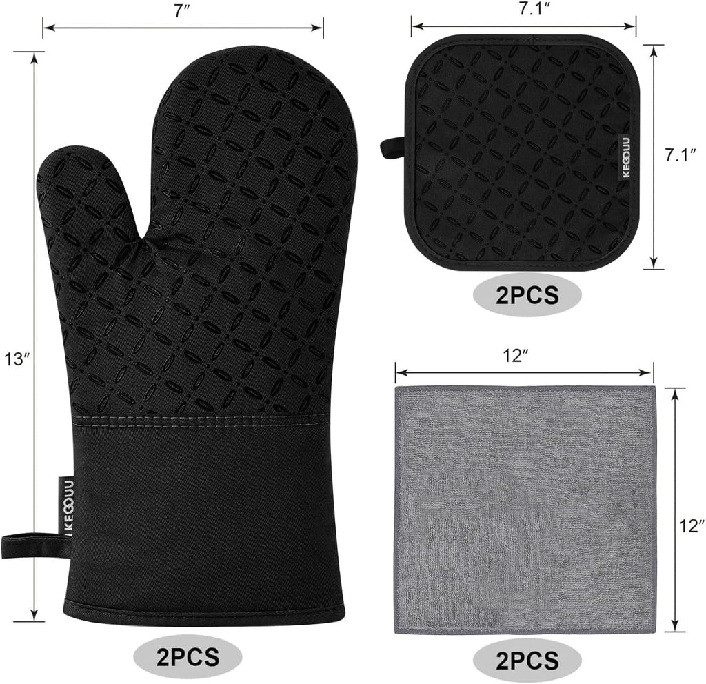 Oven Mitts and Pot Holders 6pcs Set, Kitchen Oven Glove High Heat Resistant 500 Degree Extra Long Oven Mitts and