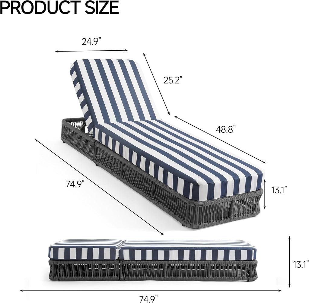 Outdoor Chaise Lounge Chair Set of 2, 5-Position Adjustable Backrest, All-Weather Grey Woven Rope Recliner