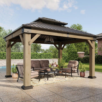 10' x 12' Outdoor Wood Gazebo, Hardtop Gazebo Permanent Wooden Pavilion with Galvanized Steel Double Roof, Cedar Wood