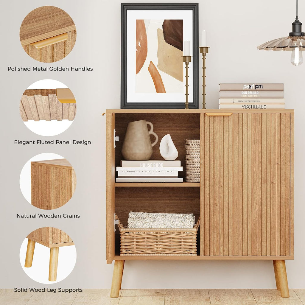Fluted Storage Cabinet, Buffet Cabinet with Storage, Wood Sideboard with Adjustable Shelf, Modern Accent Cabinet &