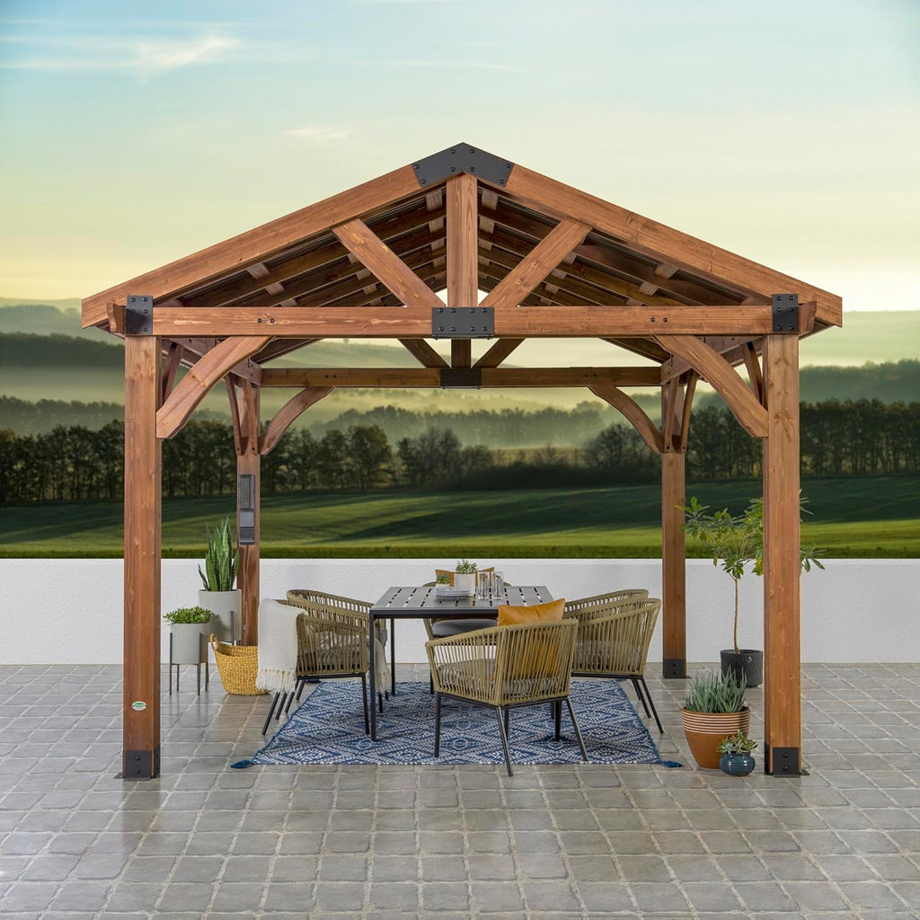 12' x 12' Cedar Wood Outdoor Gazebo Pavilion with Hardtop Galvanized Steel Peak Roof, Snow Support