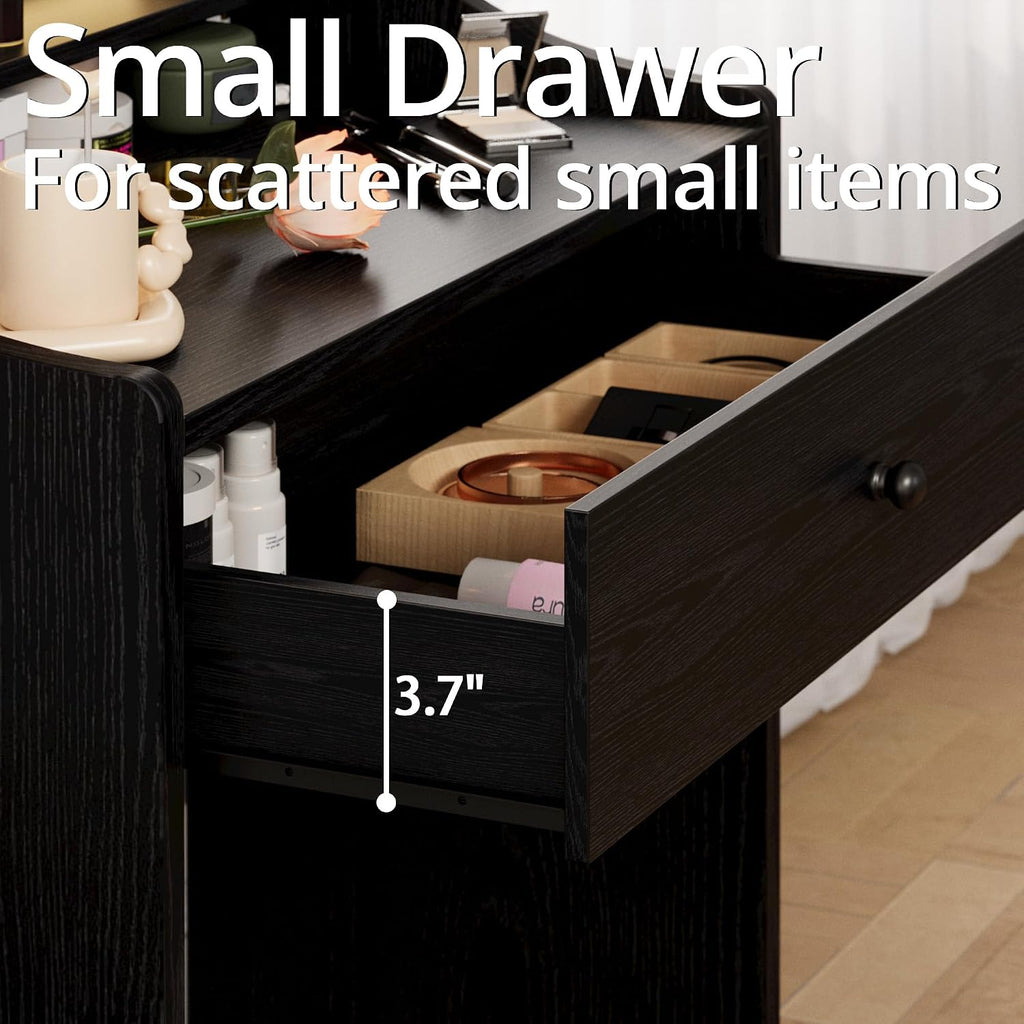 Small Vanity Desk with Mirror Lights and Storage Stool | Black compact vanity with 3 light modes, charging station