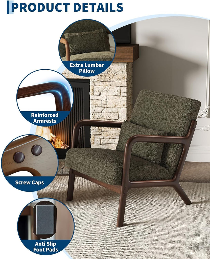 Mid-Century Modern Accent Chair, Chenille Upholstered Armchair with Wood Frame and Lumbar Pillow, Cozy Reading Chair
