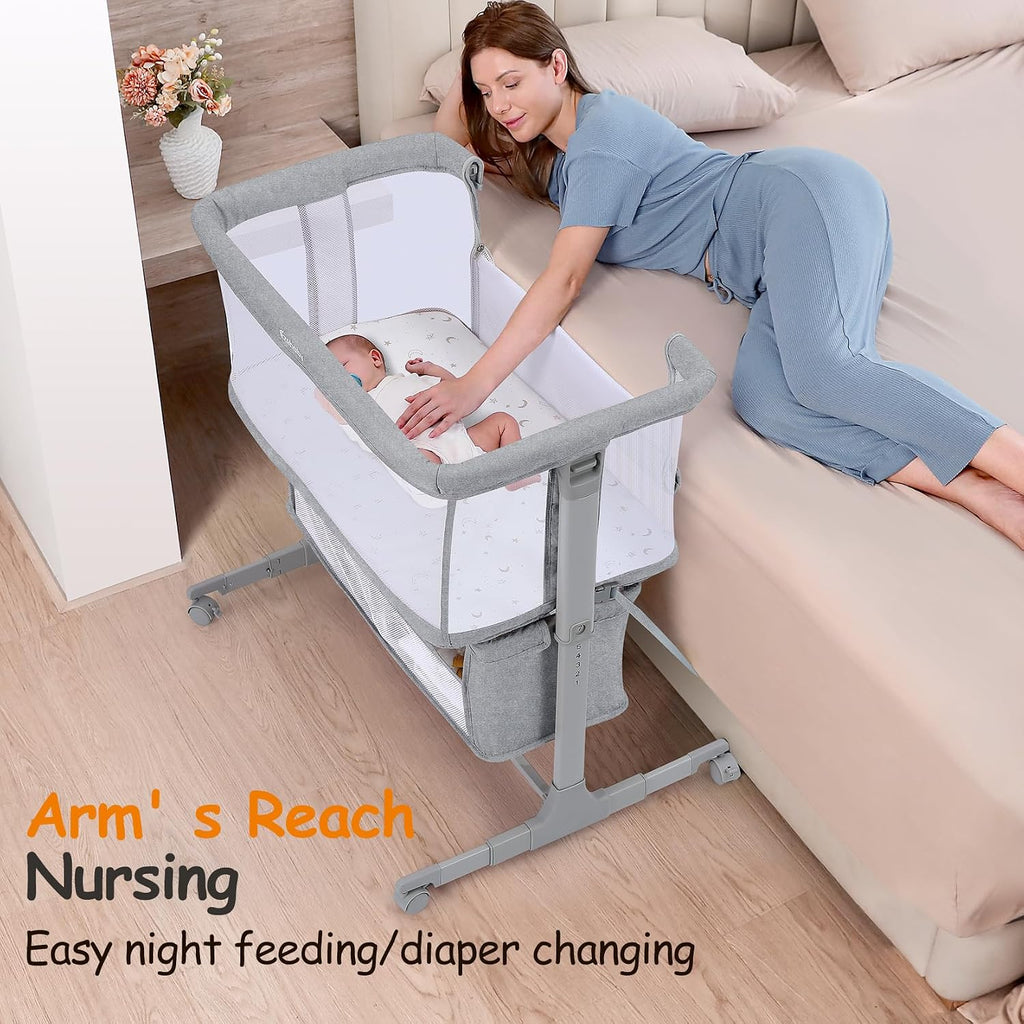 Bedside Bassinet for Baby, Portable Baby Bassinet Bedside Sleeper for Newborn Infants with Wheels Storage Basket