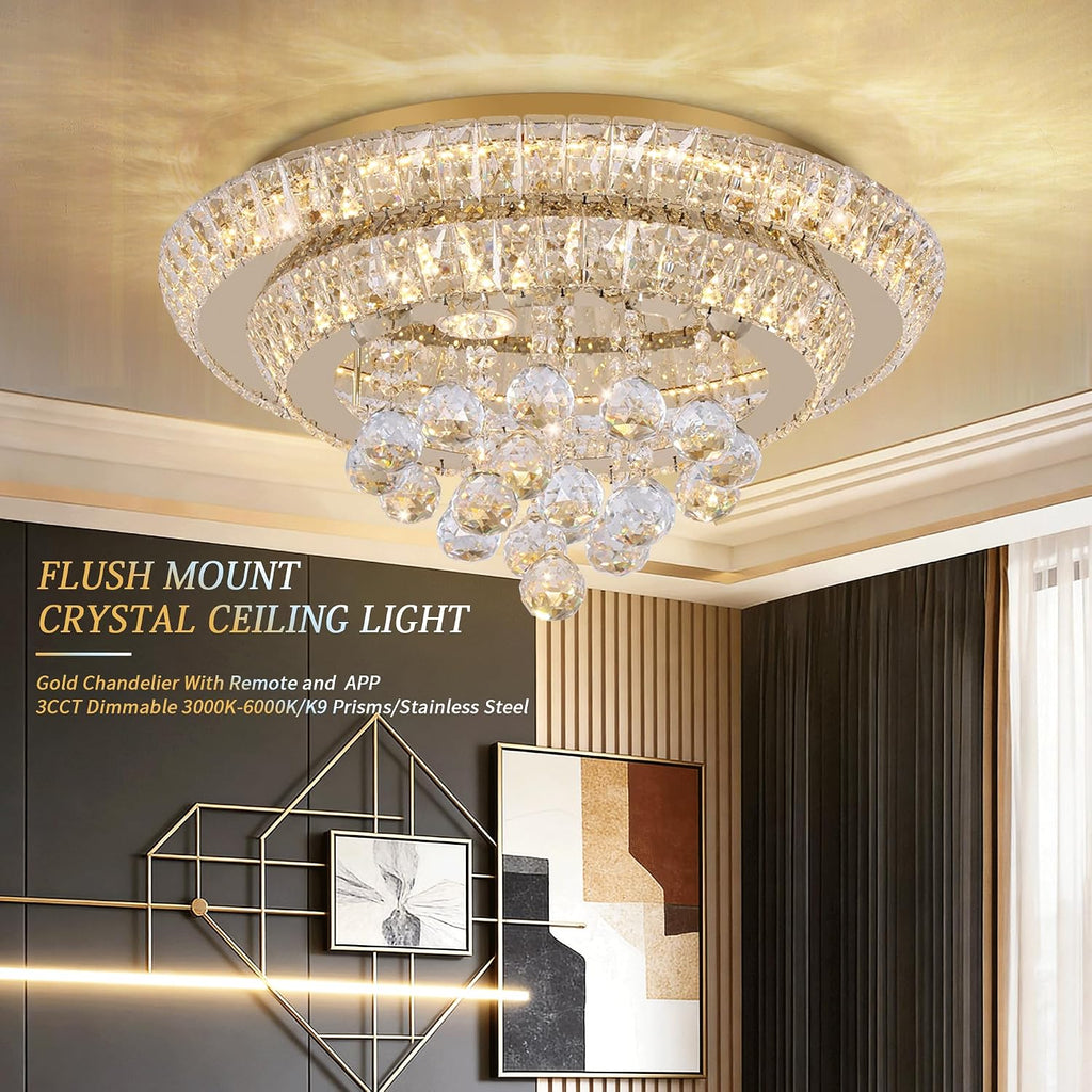 18 inch Crystal Chandeliers With Remote and APP Control, Modern Luxury Flush Mount Gold Ceiling Light, 3CCT Dimmable