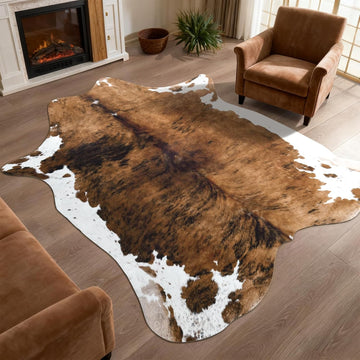 Faux Cowhide Print Rug, Brown Western Animal Cow Hide Rugs, Non Slip Cool Cow Skin Carpet Dining Room
