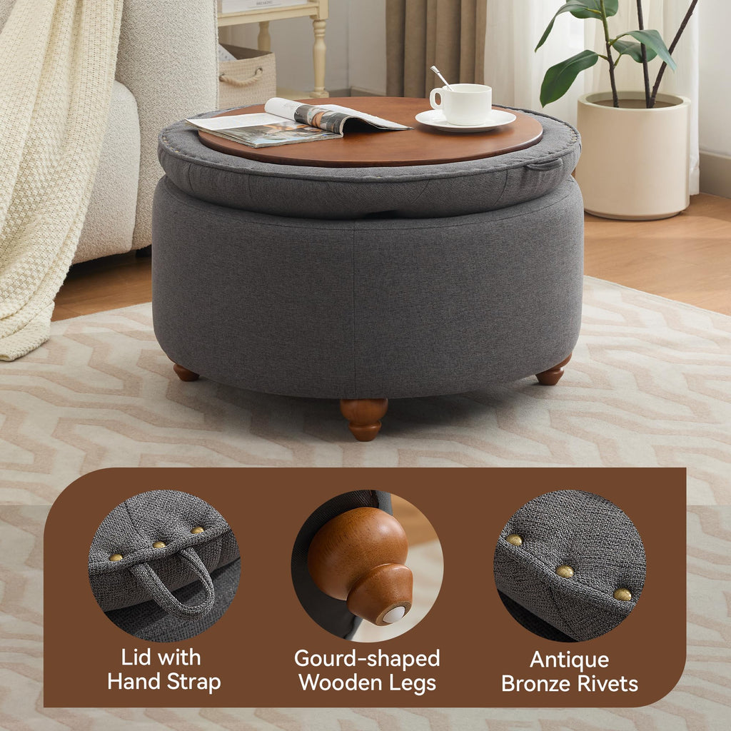 30Inch Round Storage Ottoman with Tray, Modern Tufted Fabric Circle Coffee Table with Storage, Upholstered Ottoman