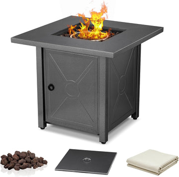 28'' Propane Fire Pit Table, 40,000 BTU, Portable, with Lava Racks, Lid, Rain Cover