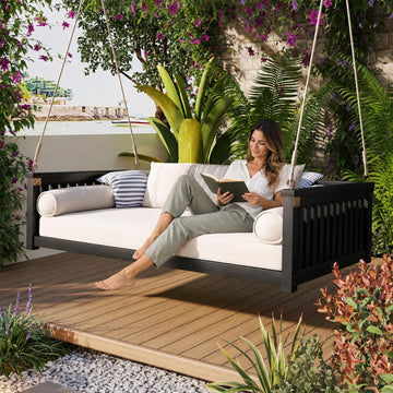 Outdoor Porch Swing Bed, Twin Size Acacia Wood Hanging Daybed with Hemp Ropes, Minimalist Patio Swing Bed for Garden