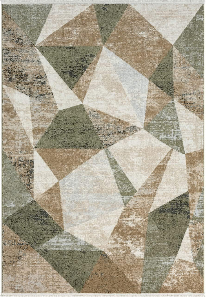 Savoy Collection Area Rug - Green and Cream Geometric Design - Easy to Clean - Durable for Kids and Pets