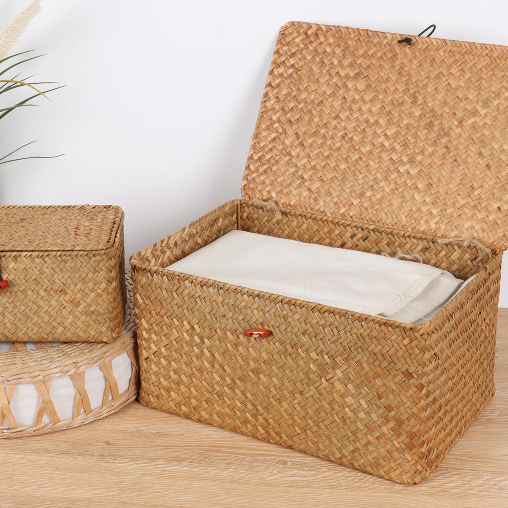 Wicker Shelf Baskets with Lid, Natural Seagrass Storage Basket Box