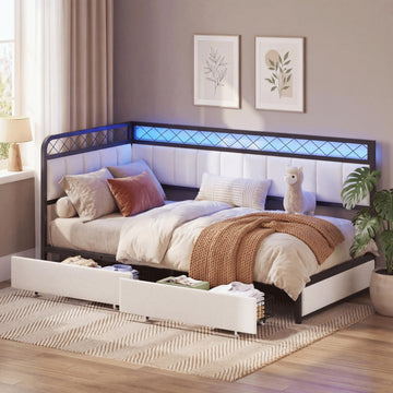 Twin Daybed with 2 Storage Drawers, Corner Bed Frame with LED and Charging Station, Metal Platform Daybed Frame and