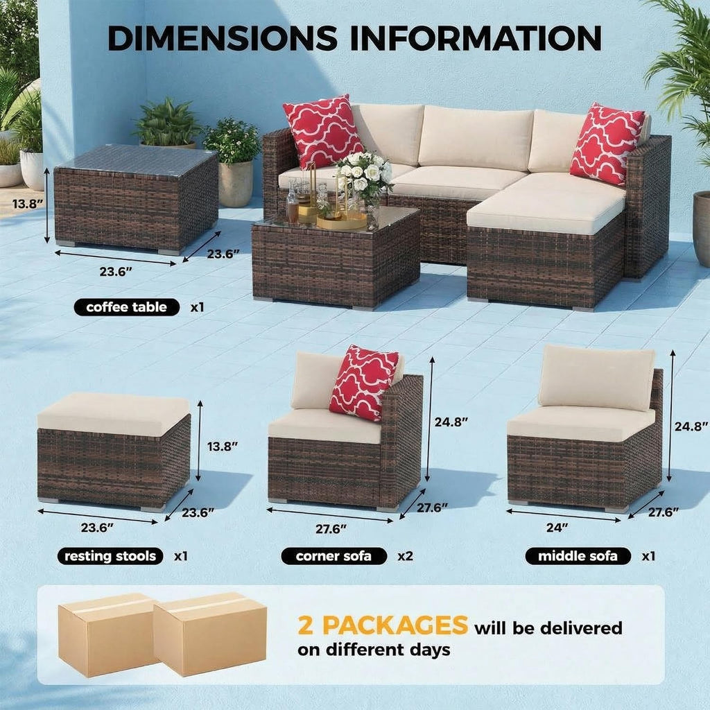 5-Piece L-Shaped Outdoor Patio Furniture Set, PE Wicker Sectional Sofa Set with Cushions and Tempered Glass Table