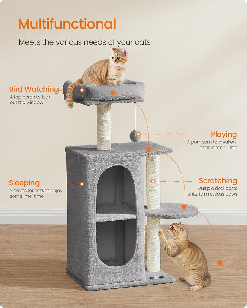 Cat Tree, Small Cat Tower for Indoor Cats, Plush Cat Caves with Perch, Scratching Posts, for Small Spaces, Kittens