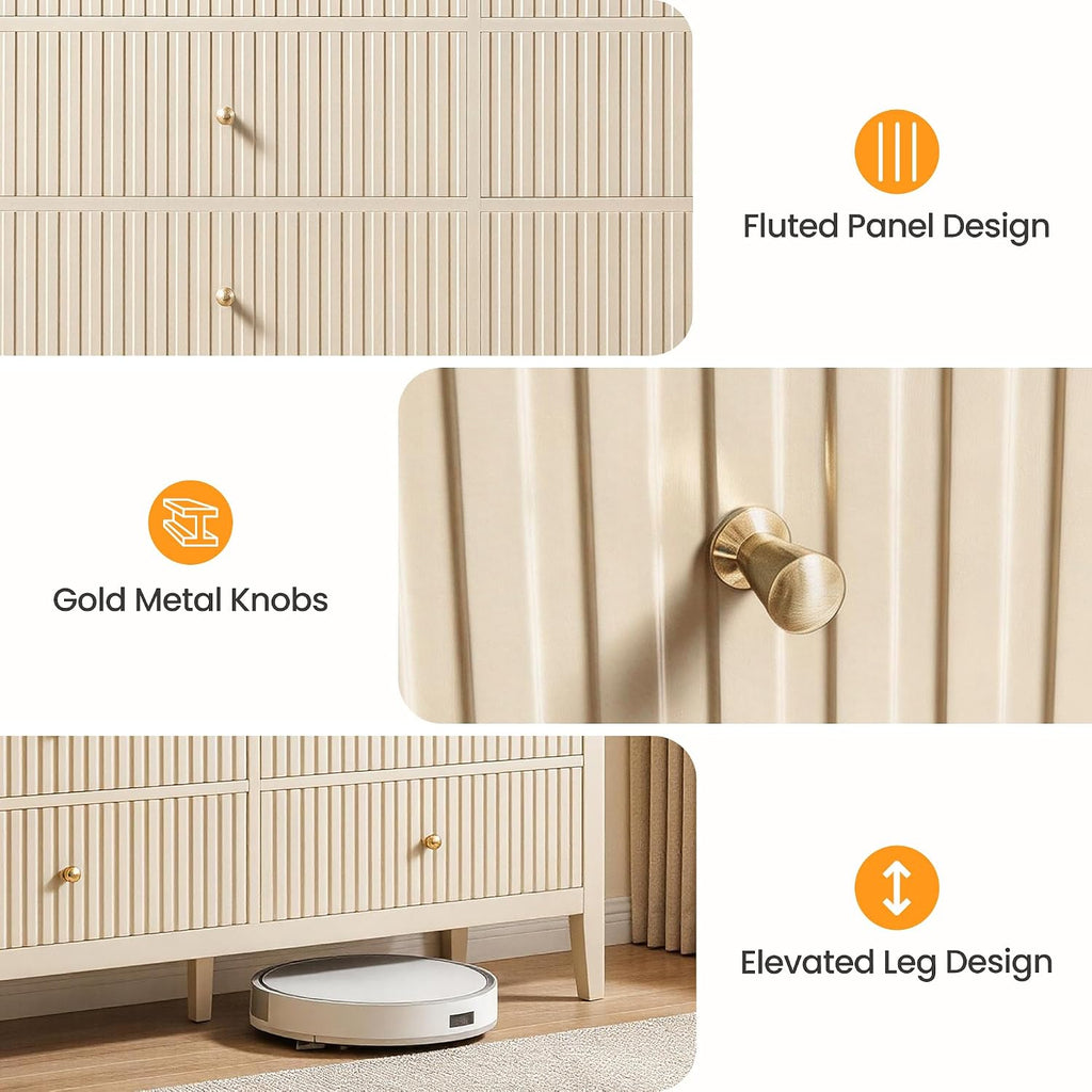 Beige 6 Drawer Dresser, Fluted Modern Wood Chest of Drawers, Long Dresser TV Stand Storage Cabinet