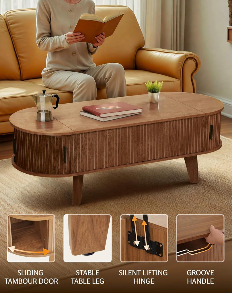 Oval Lift Top Coffee Table with Storage, 47.2" Mid Century Modern Living Room Center Table with 180° Sliding Tambour