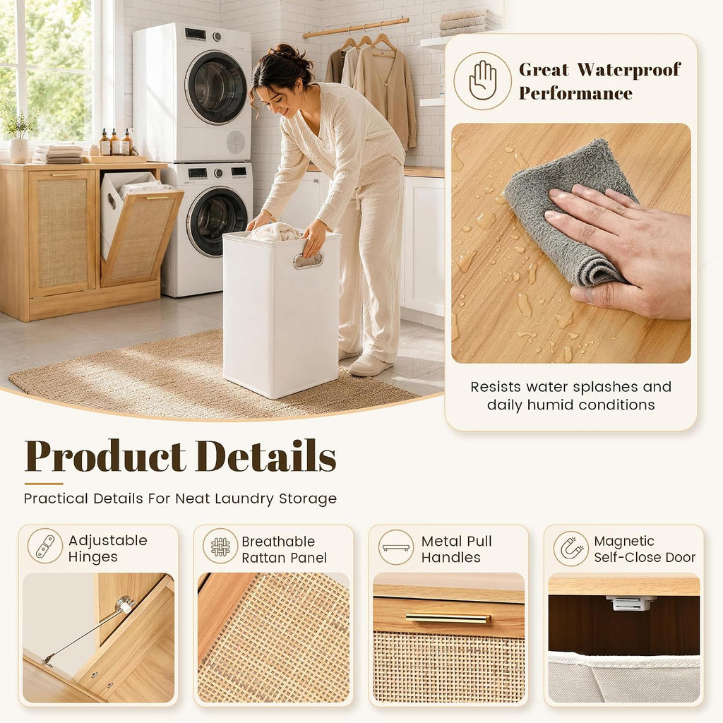 Laundry Cabinet, Bathroom Cabinet with with Breathable Real Rattan Design, Clothes Storge Basket with 2 Removable