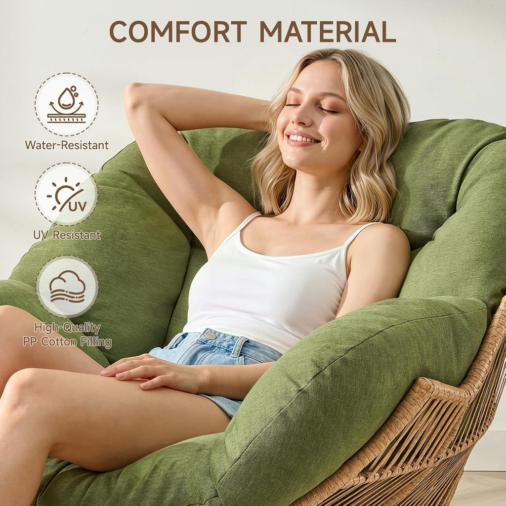Papasan Rocking Chair with Ottoman, Oversized Papasan Chair, Olive Green | Indoor & Outdoor Rocker Chair with Padded