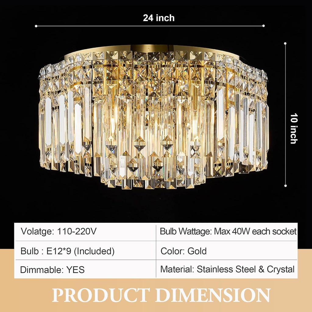 Flush Mount Crystal Chandelier, 24 inch Modern Crystal Ceiling Lights with Warm White Light Bulb (2700K), Flush Mount