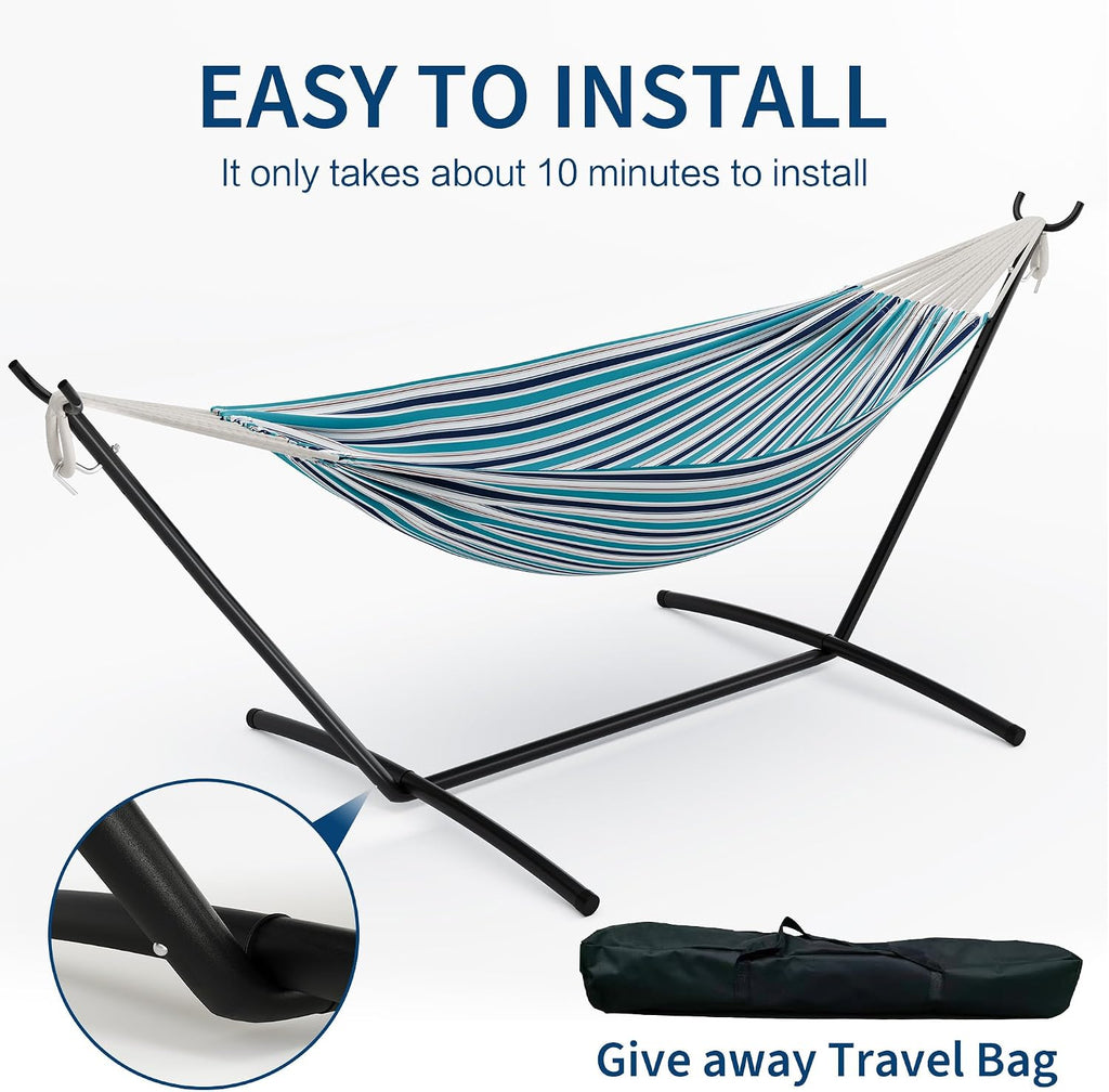 2 Person Double Hammock with Stand Foldable, 450Lbs Capacity, Double Hammocks Portable with Carrying Bag, Thick Rope