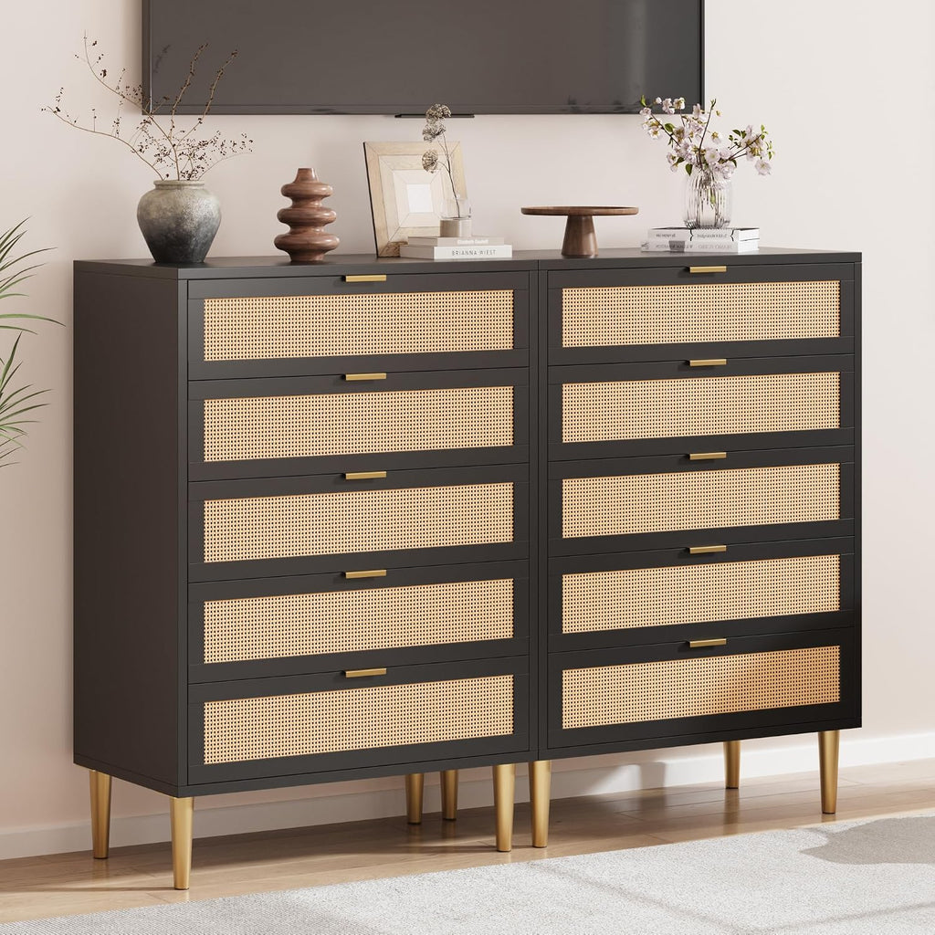 44'' Tall Rattan 5 Drawer Dresser, Narrow Wooden Vertical Dresser with Metal Legs and Handles, Modern Chest of