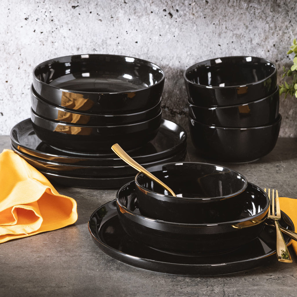 Oslo 12-Piece Porcelain Chip and Scratch Resistant Dinnerware Set, Service for 4 - Black Plates and Bowls, Microwave