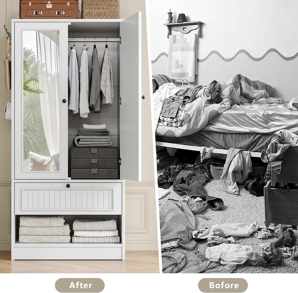 70" Armoire Wardrobe Closet with Doors & Mirror,Wooden Wardrobe with Drawers and 3 Side Hooks,Large Freestanding