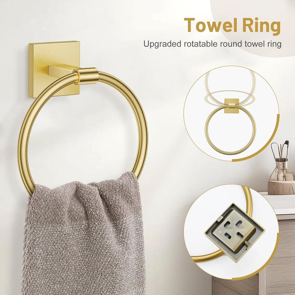 Brushed Gold Bathroom Accessories, Towel Bar Set Wall Mounted | 5 Pieces Bathroom Hardware Set, SUS304 Stainless