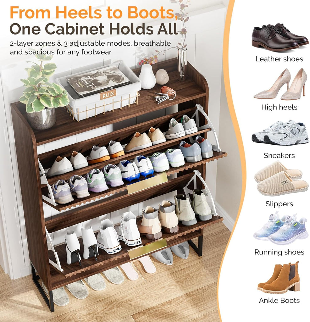 Fluted Shoe Cabinet Storage ,Hidden Shoes Storage Cabinet with 2 Flip Drawers, Mid Century Modern Shoe Rack