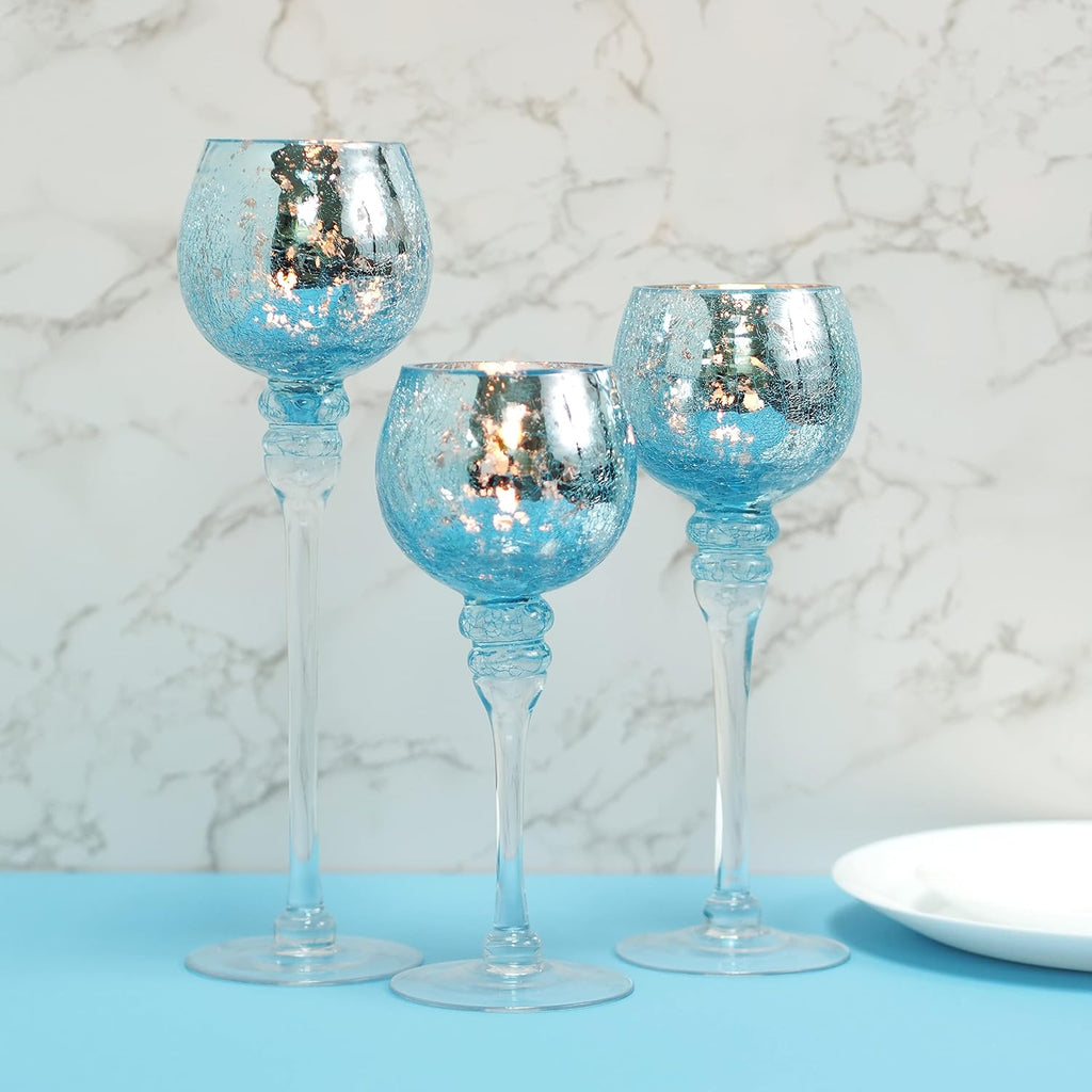 Elevate Ambiance with Set of 3 Crackle Blue Glass Tealight Holders 12 Inch, 10 Inch, 9 Inch Stylish Home Decor for