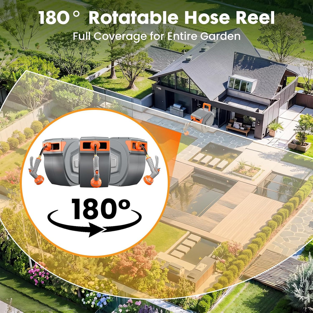 Garden Hose Reel, 1/2" x 65 ft Retractable Heavy Duty Water Hose | Automatic Wall Mounted, 9 Pattern Hose Nozzle