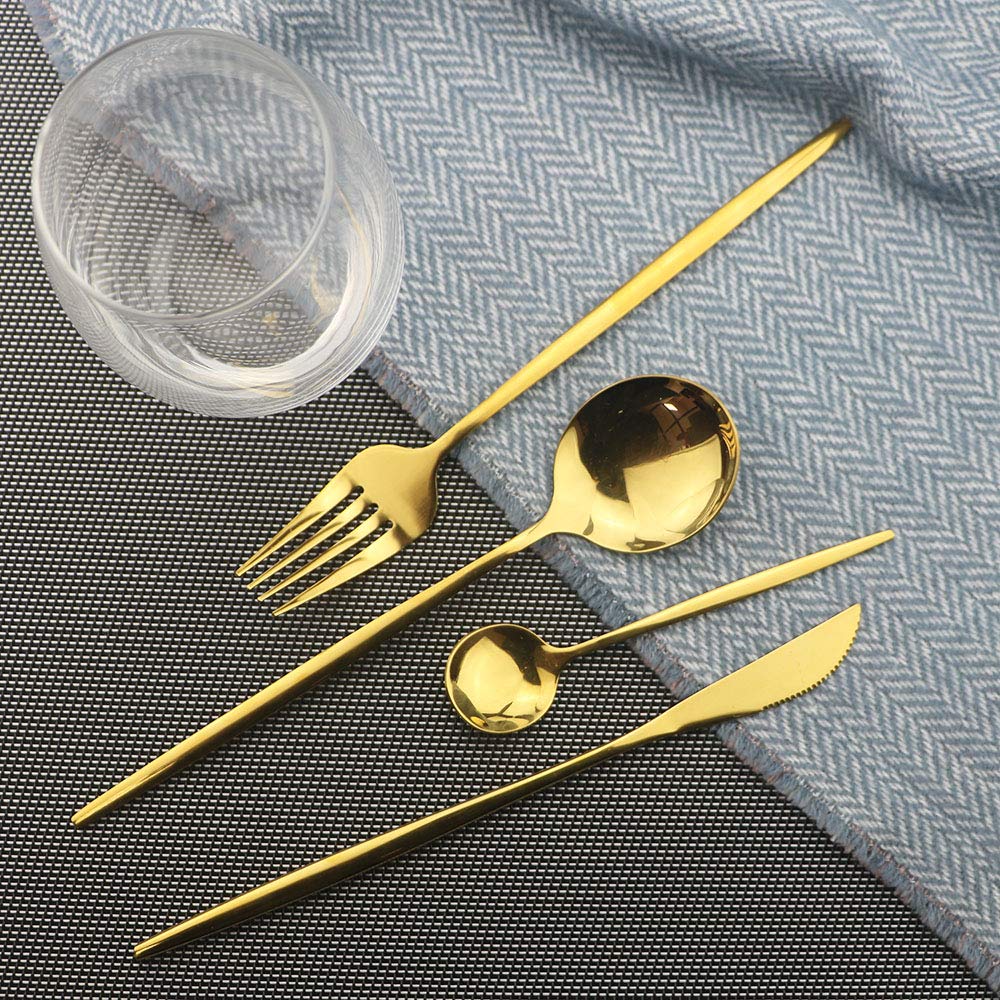 Stainless Steel Titanium Plated Golden Flatware Set 24 Piece, Flatware Silverware Set Service for 6 (Shiny Golden)