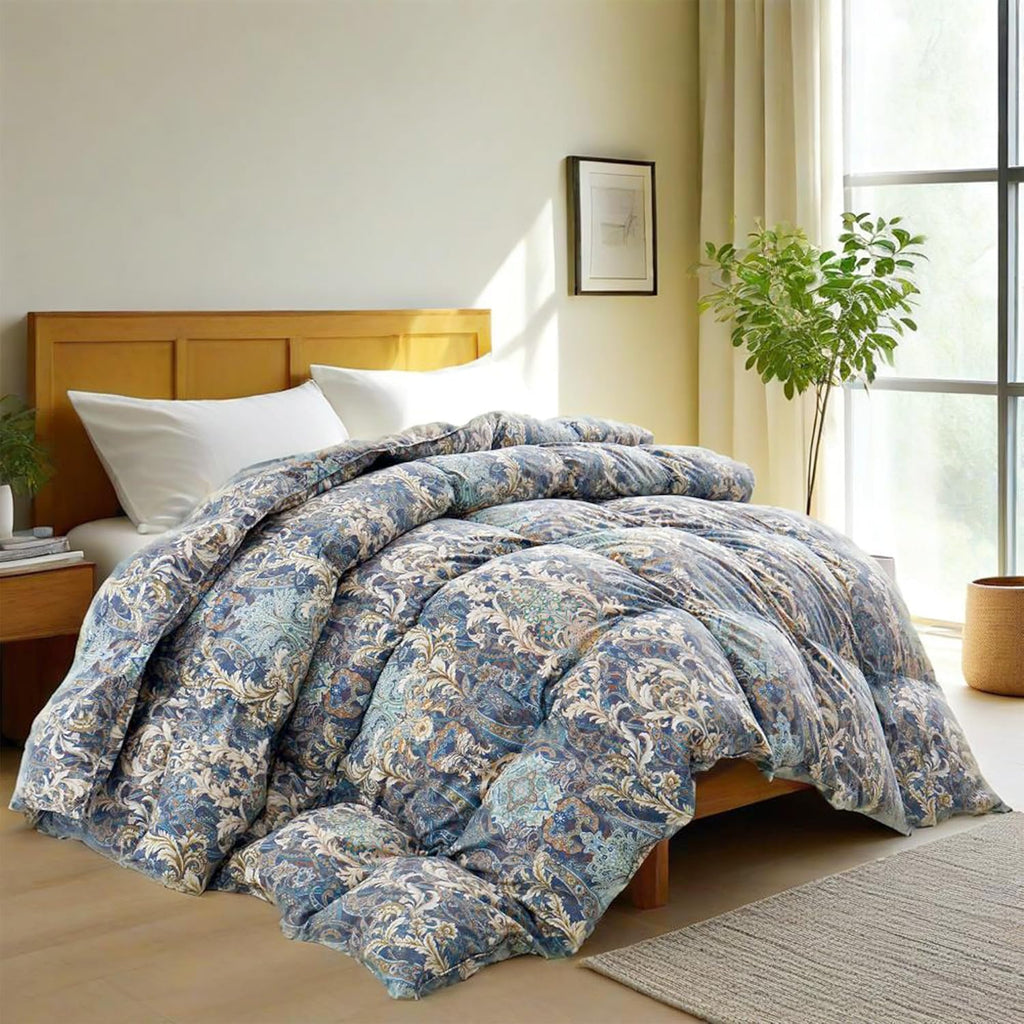 King Down Comforter with Paisley Floral- All Season Ultra Soft Goose Feather Fiber