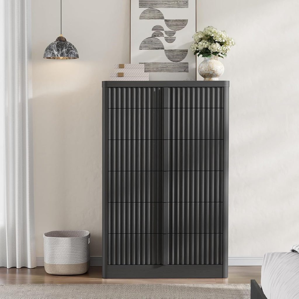 Fluted Dresser , 48" Tall 6 Drawer Dresser, Modern Chest of Drawers with Solid Wood Handle, Curved Profile Design